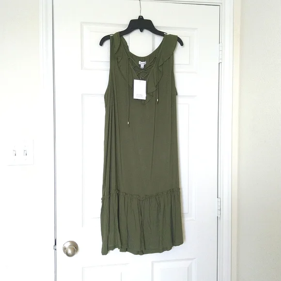 Love - fire women's sleeveless ruffle v neck olive green midi dress size L - Picture 1 of 9